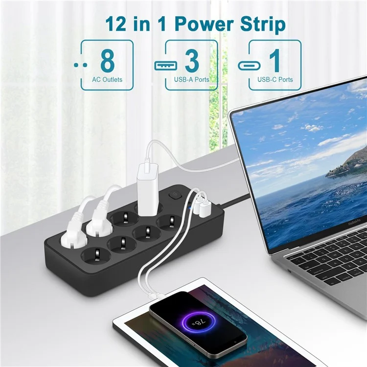 EU-108 EU Plug Multi-Port Power Strip 8 AC Outlets + 3 USB + 1 Type-C Port Charging Station