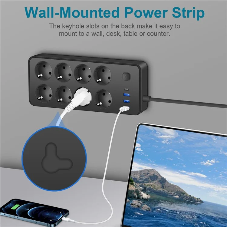 EU-108 EU Plug Multi-Port Power Strip 8 AC Outlets + 3 USB + 1 Type-C Port Charging Station