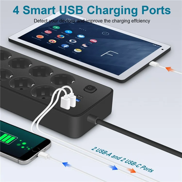 EU-108 EU Plug Multi-Port Power Strip 8 AC Outlets + 3 USB + 1 Type-C Port Charging Station