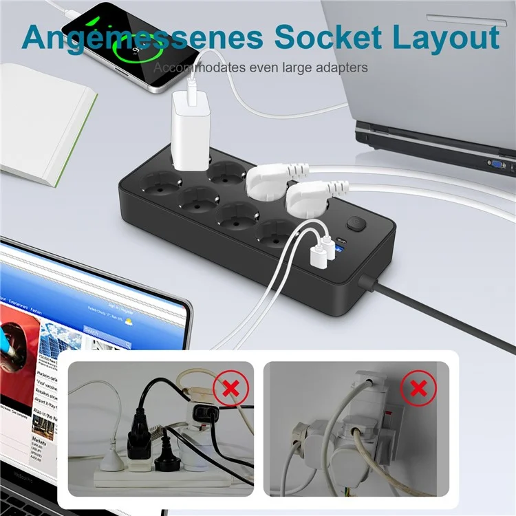 EU-108 EU Plug Multi-Port Power Strip 8 AC Outlets + 3 USB + 1 Type-C Port Charging Station