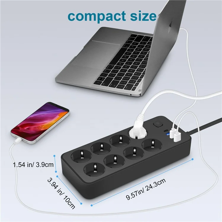 EU-108 EU Plug Multi-Port Power Strip 8 AC Outlets + 3 USB + 1 Type-C Port Charging Station