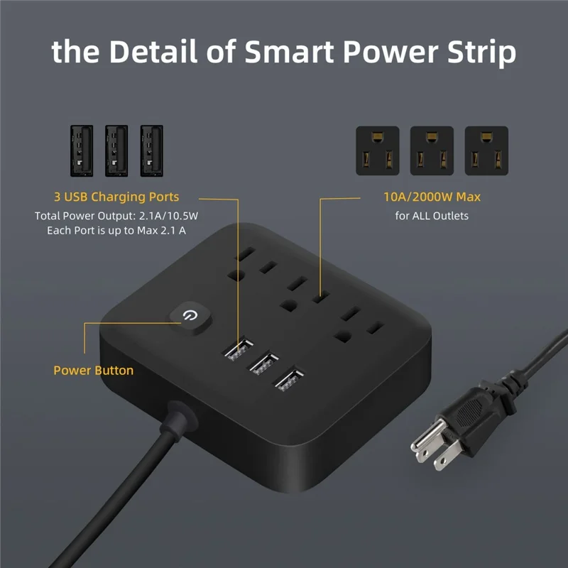 EL-01 US Plug Power Strip 600J Surge Protector Power Socket with 3 Outlets + 3 USB