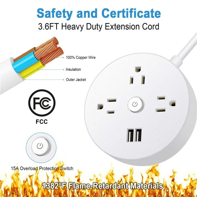 EL-13 3 AC + 2 Usb Small Disc Shape Power Strip Com Cabo de Extensão de 3,6 Pés, Plugue Dos Eua