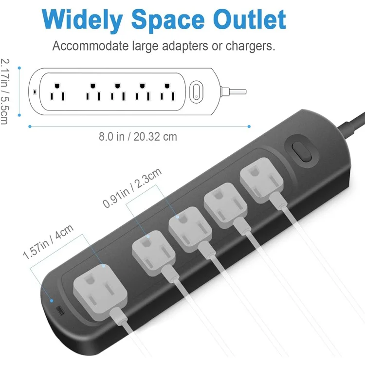U5 Wall Mounted 5 AC Outlets Power Strip with 4ft Cable Extension Cord Socket, US Plug