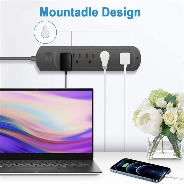 U5 Wall Mounted 5 AC Outlets Power Strip with 4ft Cable Extension Cord Socket, US Plug