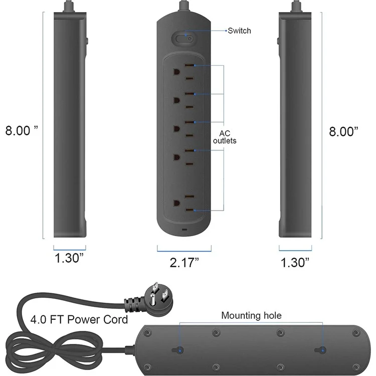U5 Wall Mounted 5 AC Outlets Power Strip with 4ft Cable Extension Cord Socket, US Plug