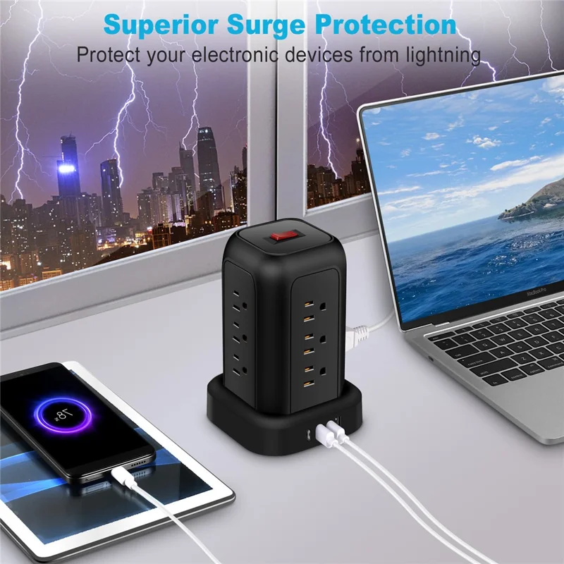 T12 Us-steckturm-stromstreifen 12 Wechselstromauslass + 3 USB + 1-c-port-portum-ladestation Typ-c