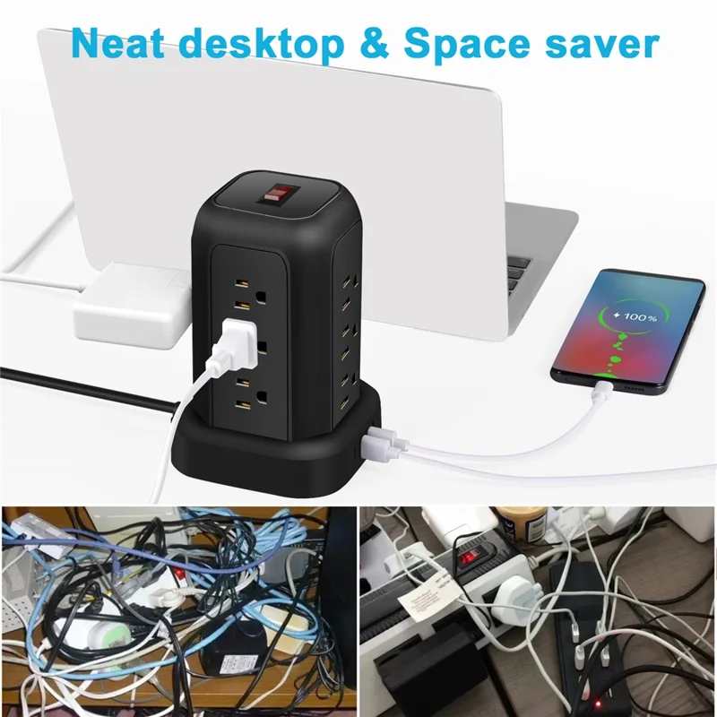 T12 Us-steckturm-stromstreifen 12 Wechselstromauslass + 3 USB + 1-c-port-portum-ladestation Typ-c