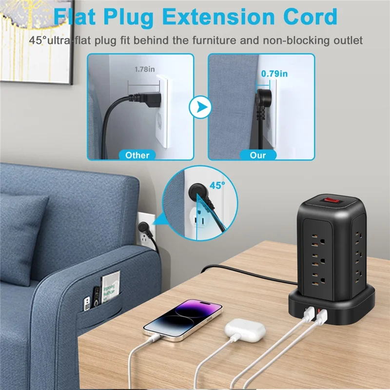 T12 Us-steckturm-stromstreifen 12 Wechselstromauslass + 3 USB + 1-c-port-portum-ladestation Typ-c