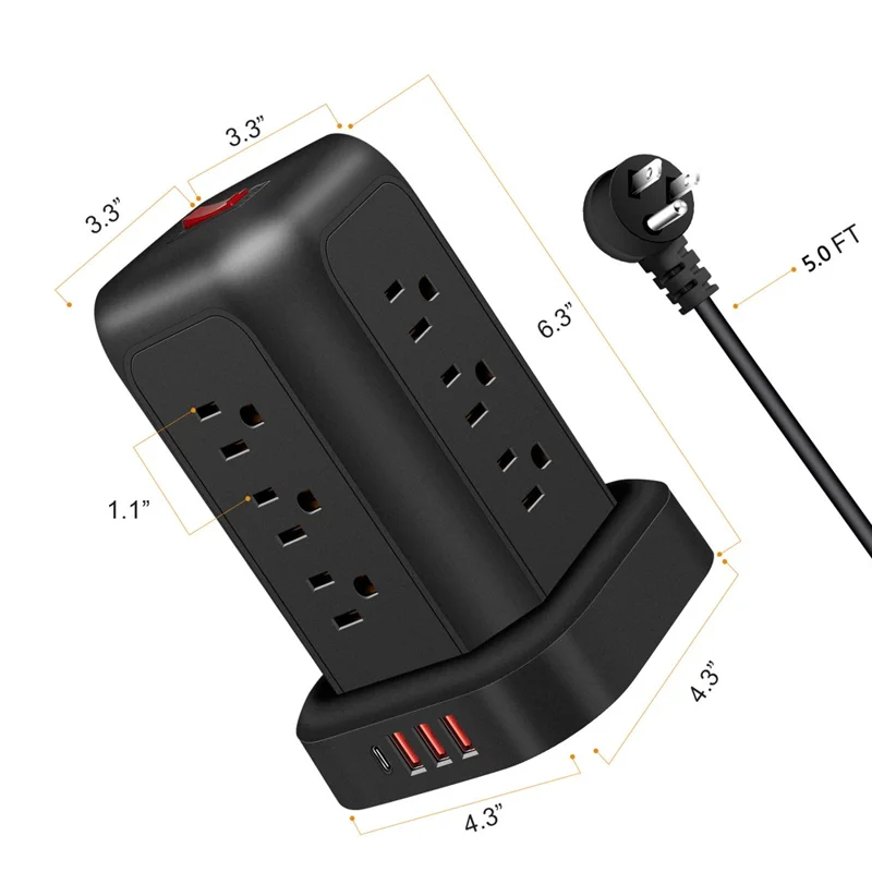 T12 Us-steckturm-stromstreifen 12 Wechselstromauslass + 3 USB + 1-c-port-portum-ladestation Typ-c