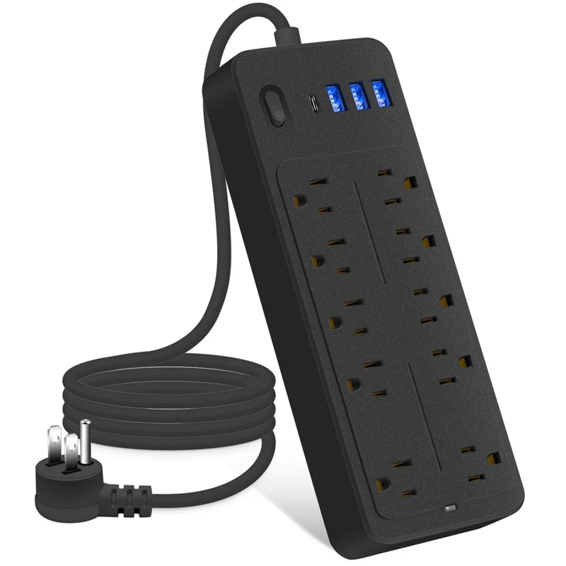 EL-100 Us-stecker Multi-port-steckdosen 10 Wechselstromauslasss + 3 USB + 1 Typ-c-port-desktop-stromstreifen - Schwarz