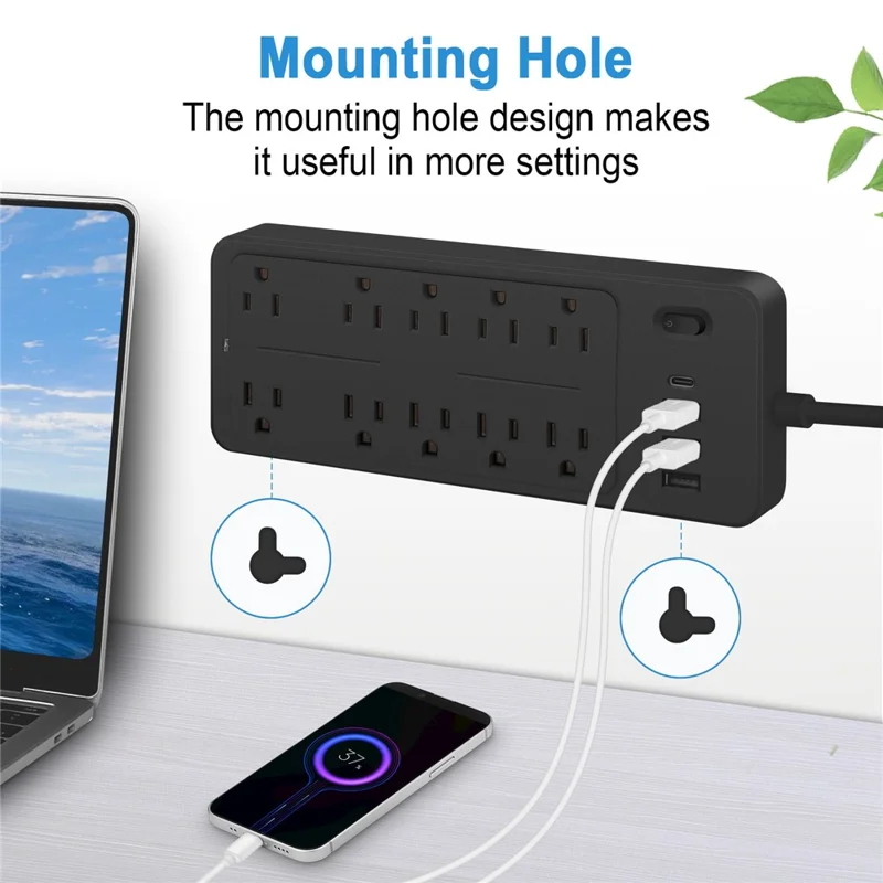 EL-100 Us-stecker Multi-port-steckdosen 10 Wechselstromauslasss + 3 USB + 1 Typ-c-port-desktop-stromstreifen - Schwarz