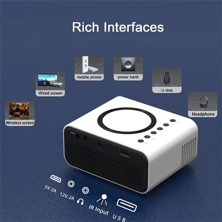 YT300 Mini Projector LED Smart TV Tragbarer Heimkino Rich Interface Low Rauschen Interner Lautsprecher - Weiss / UK -plug