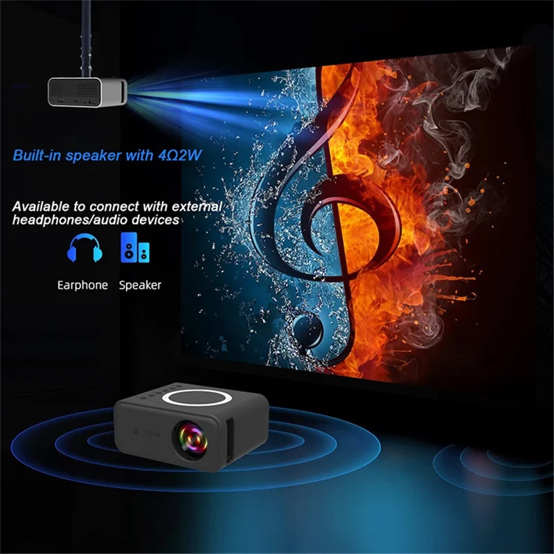 YT300 Mini Projector LED Smart TV Portable Home Theater Rich Interface Low Noise Internal Speaker - Black / UK Plug