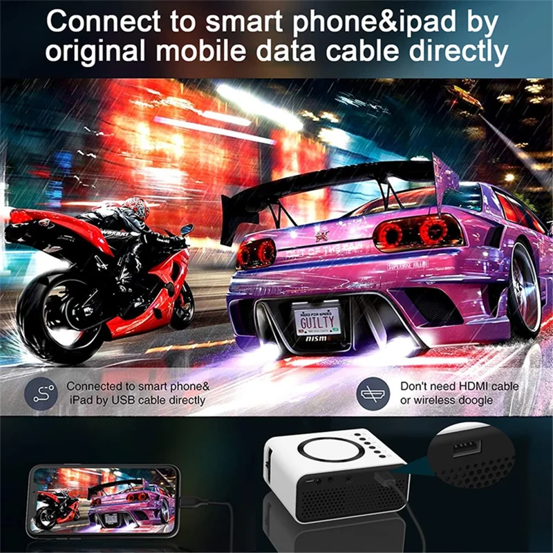 YT300 Mini Projector LED Smart TV Portable Home Theater Rich Interface Low Noise Internal Speaker - Black / UK Plug