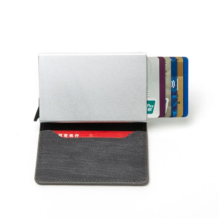 RFID Anti-theft Swiping Business Automatic Magnetic Wallet Denim Metal Wallet Card Box - Grey