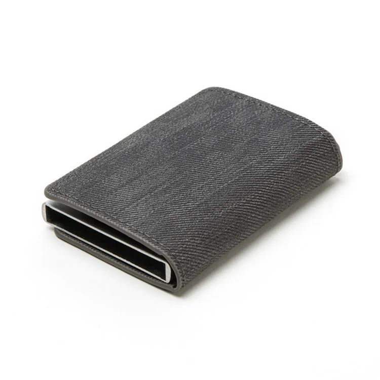 RFID Anti-theft Swiping Business Automatic Magnetic Wallet Denim Metal Wallet Card Box - Grey