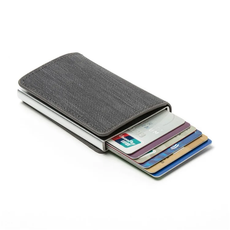 RFID Anti-theft Swiping Business Automatic Magnetic Wallet Denim Metal Wallet Card Box - Grey