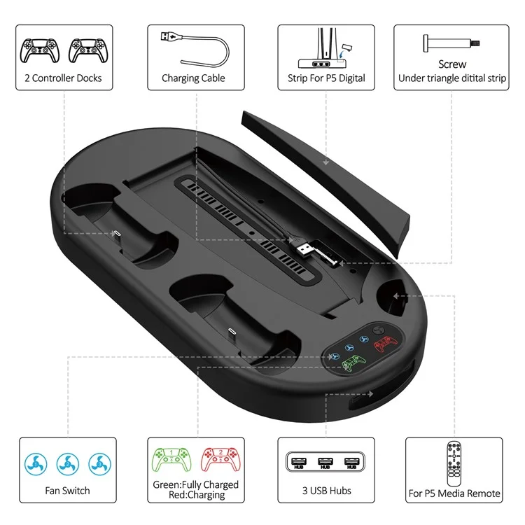 For Sony PS5 Console Controllers Charging Dock Cooler Stand Holder Headphone Holder - Black