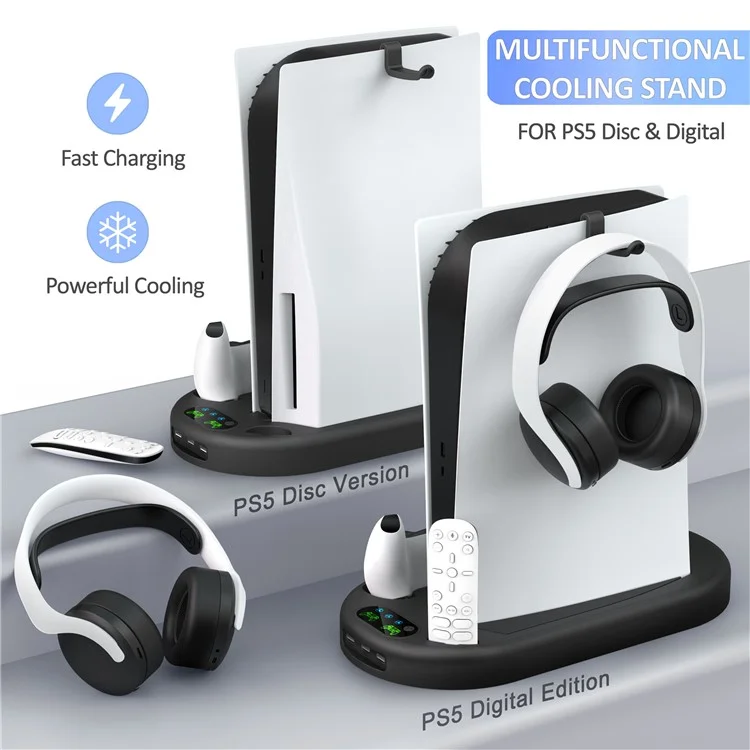 For Sony PS5 Console Controllers Charging Dock Cooler Stand Holder Headphone Holder - Black