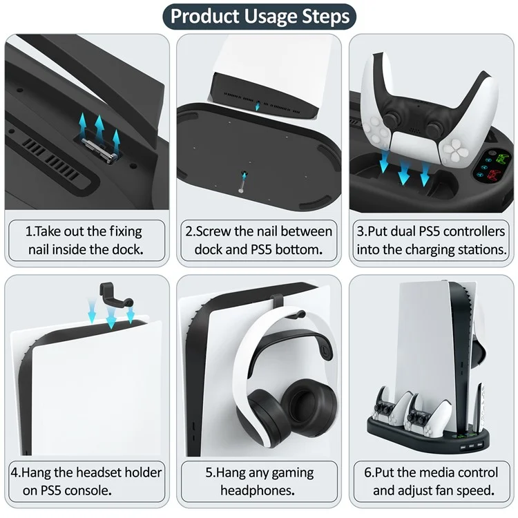 For Sony PS5 Console Controllers Charging Dock Cooler Stand Holder Headphone Holder - Black