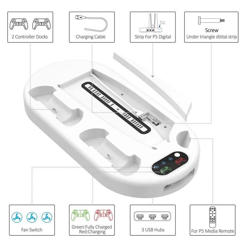 For Sony PS5 Console Controllers Charging Dock Cooler Stand Holder Headphone Holder - White