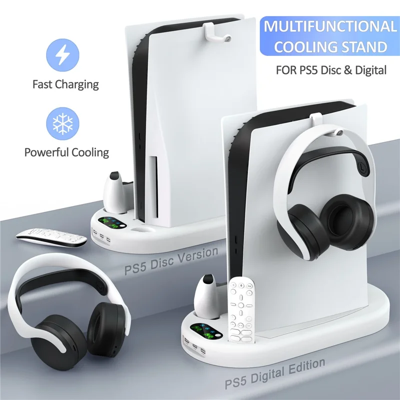For Sony PS5 Console Controllers Charging Dock Cooler Stand Holder Headphone Holder - White