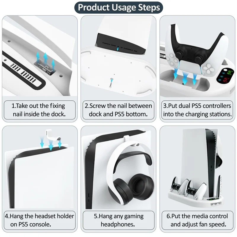 For Sony PS5 Console Controllers Charging Dock Cooler Stand Holder Headphone Holder - White