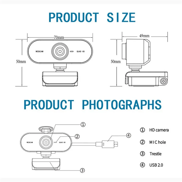 HD 4MP Webcam Microphone Microphone USB Camera Informatique Avec Couverture de Confidentialité et Trépied Pour la Conférence D'appel Vidéo