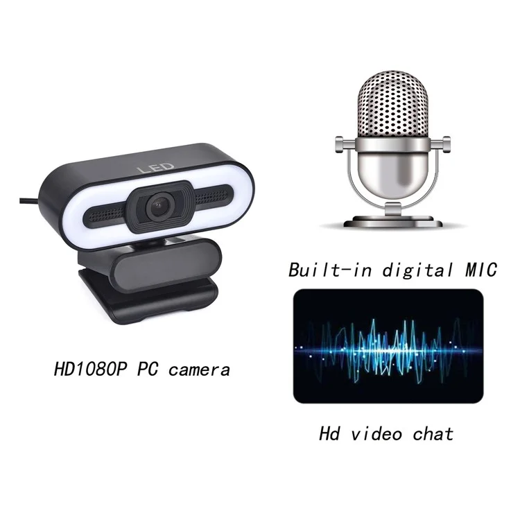 A55 1080P Computer Camera Home Office Built-in Microphone for Live Teaching USB Webcam with LED Fill Light