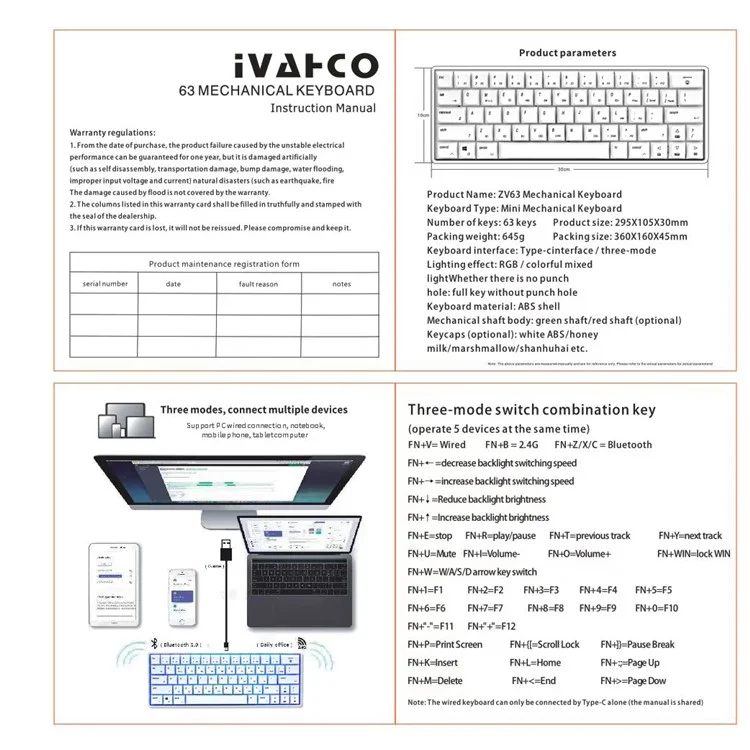 IVHCO 63 tasti Mini Gaming Mechanical Keyboard 3-Mode Bluetooth Keyboard con effetti RGB - Red Switch