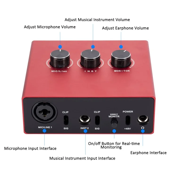 2x2 USB Audio Sound Card 48KHz Sound Blaster Audio -karte Für Die Aufnahme Von Mikrofonen -instrumenten, Die Mit Avid Pro Tools/Ableton Live/Steinberg Cubase Kompatibel Sind - Rot