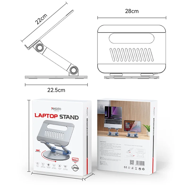 Support de portable pliable en alliage d'aluminium YESIDO LP06 avec rotation et dissipation de la chaleur