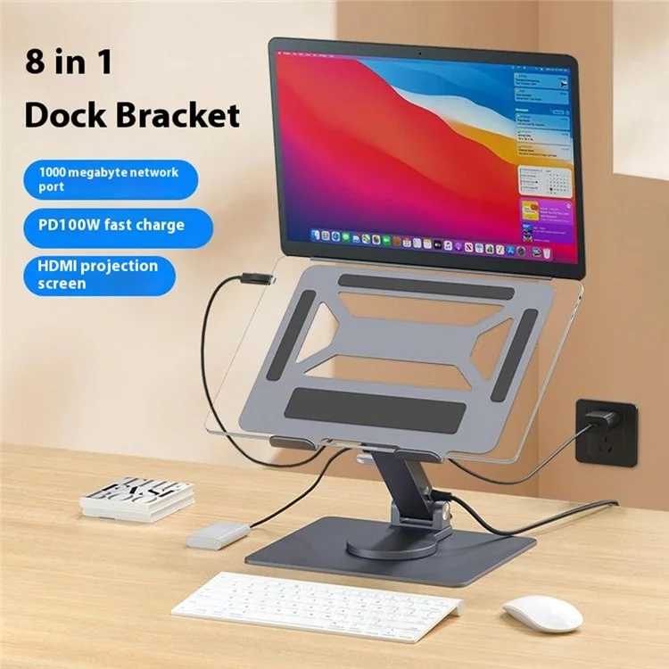 E17SU Pro Laptop Riser Stand Rotatable Desktop Bracket 8-in-1 USB Hub Docking Station - Tarnish
