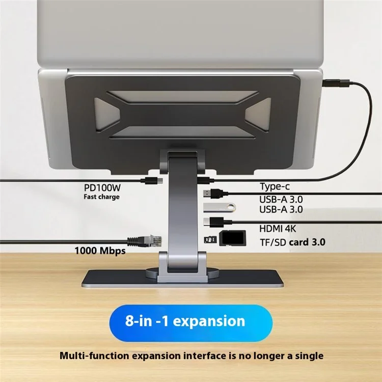 E17SU Pro Laptop Riser Stand Rotatable Desktop Bracket 8-in-1 USB Hub Docking Station - Tarnish