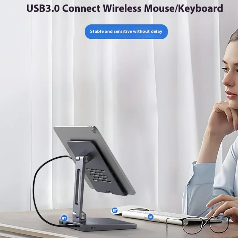 H13U Phone Tablet Stand Aluminum Alloy Desktop Bracket with 7-in-1 USB Hub Docking Station