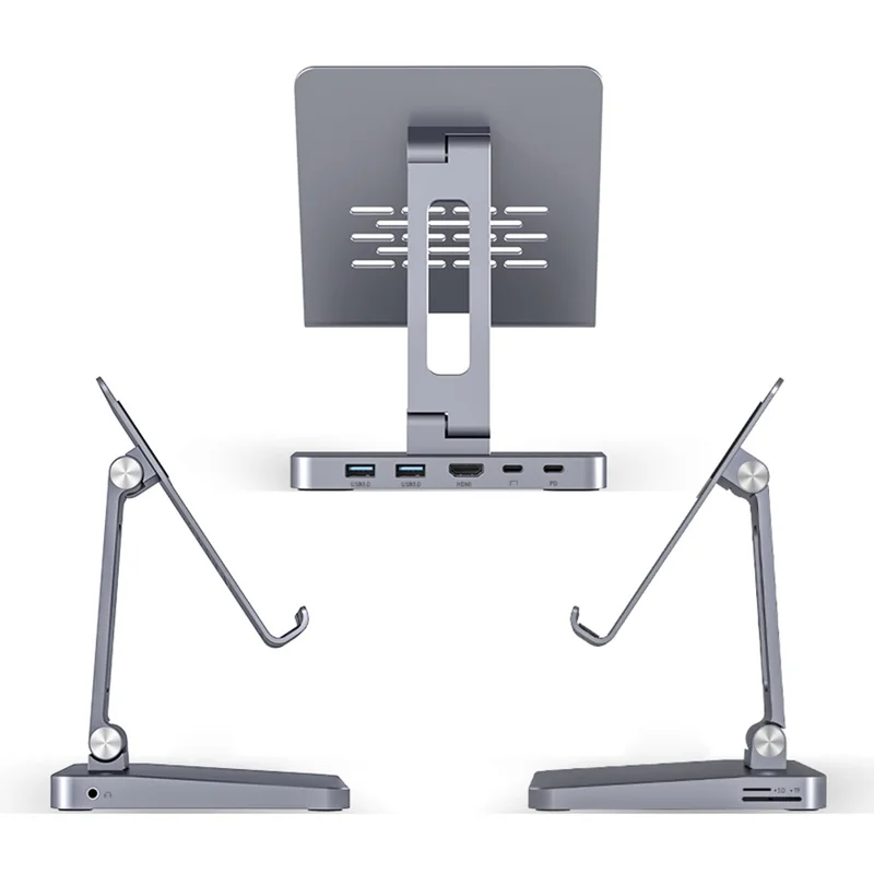 H13U Phone Tablet Stand Aluminum Alloy Desktop Bracket with 7-in-1 USB Hub Docking Station