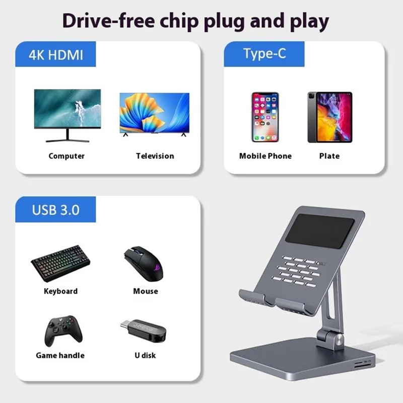 H13U Phone Tablet Stand Aluminum Alloy Desktop Bracket with 7-in-1 USB Hub Docking Station