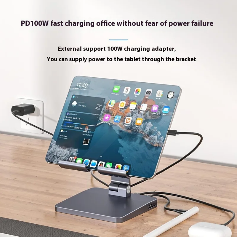 H13U Phone Tablet Stand Aluminum Alloy Desktop Bracket with 7-in-1 USB Hub Docking Station