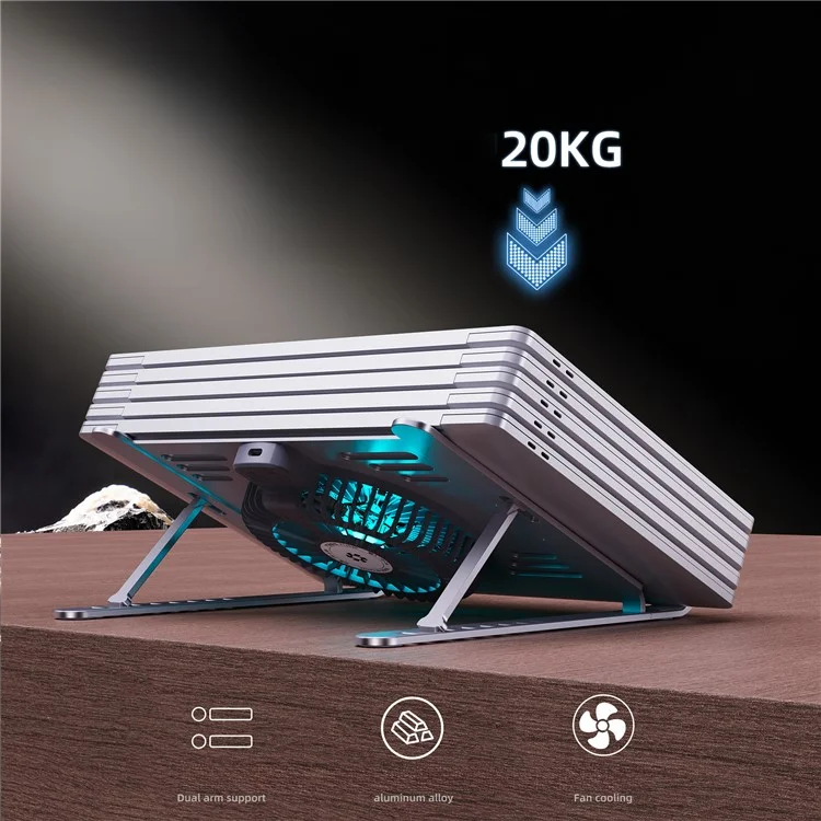 R-JUST HZ44 Foldable Height Adjustable Laptop Cooling Fan Base Metal Notebook Cooler Stand - Silver