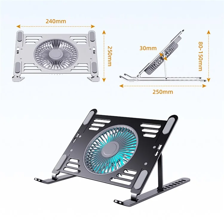 R-JUST HZ44 Foldable Height Adjustable Laptop Cooling Fan Base Metal Notebook Cooler Stand - Silver