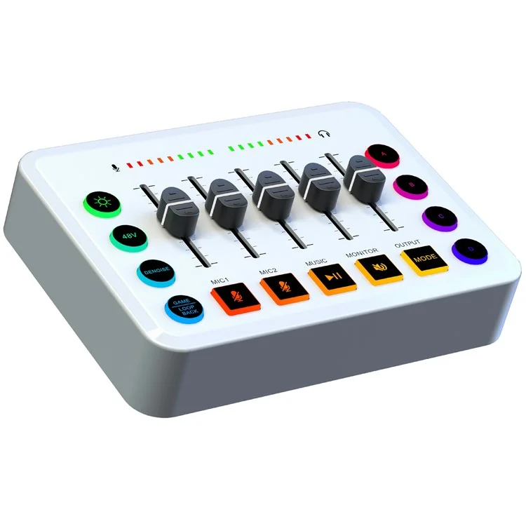 Tarjeta de sonido F9 para transmisión en vivo Mezclador de audio profesional con alimentación fantasma de 48V, cambiador de voz, luces RGB - Blanco