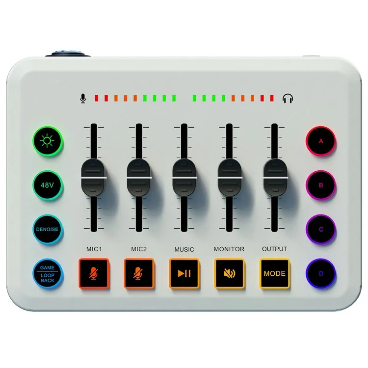 Tarjeta de sonido F9 para transmisión en vivo Mezclador de audio profesional con alimentación fantasma de 48V, cambiador de voz, luces RGB - Blanco