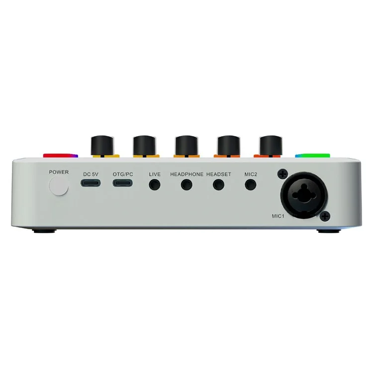 Tarjeta de sonido F9 para transmisión en vivo Mezclador de audio profesional con alimentación fantasma de 48V, cambiador de voz, luces RGB - Blanco