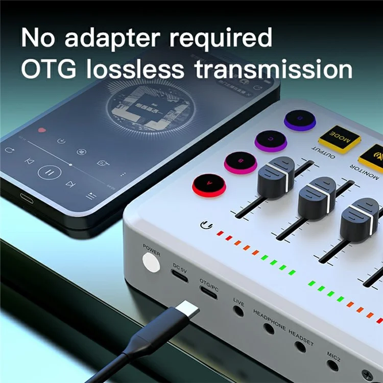 Tarjeta de sonido F9 para transmisión en vivo Mezclador de audio profesional con alimentación fantasma de 48V, cambiador de voz, luces RGB - Blanco