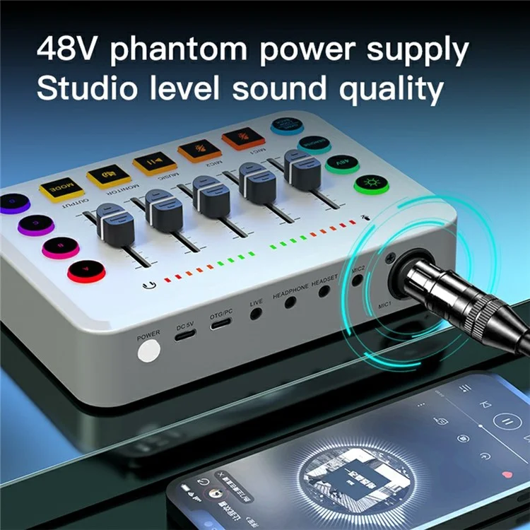 Tarjeta de sonido F9 para transmisión en vivo Mezclador de audio profesional con alimentación fantasma de 48V, cambiador de voz, luces RGB - Blanco