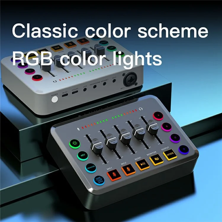 Tarjeta de sonido F9 para transmisión en vivo Mezclador de audio profesional con alimentación fantasma de 48V, cambiador de voz, luces RGB - Blanco