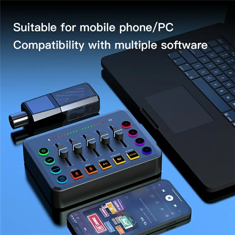 Tarjeta de sonido F9 para transmisión en vivo Mezclador de audio profesional con alimentación fantasma de 48V, cambiador de voz, luces RGB - Blanco