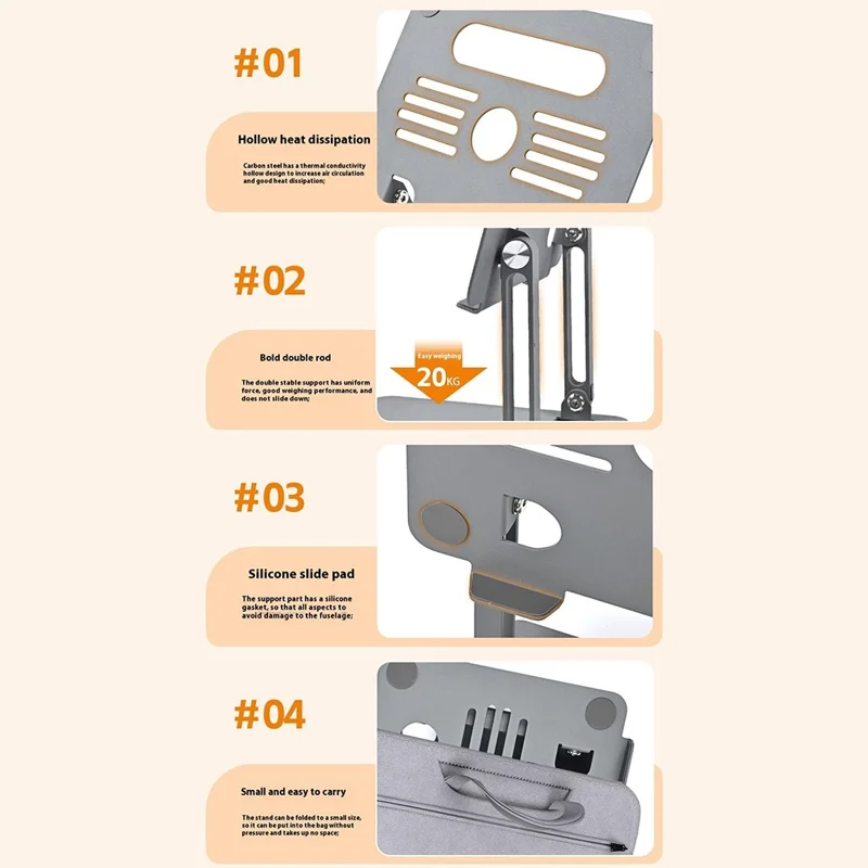 Support de Refroidissement GFS08-T pour Ordinateur Portable en Acier Carbone - Support de Tablette Réglable en Hauteur avec Design Ajouré - Argent