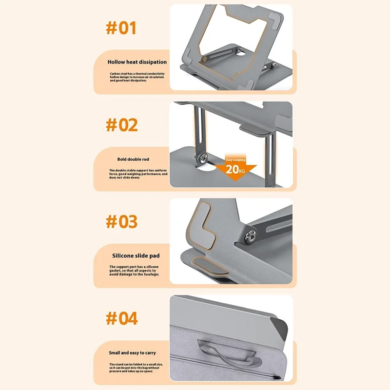 Soporte de Refrigeración Plegable para Portátil GFS012-T de Acero al Carbono con Altura Ajustable y Soporte para Tablet - Plateado